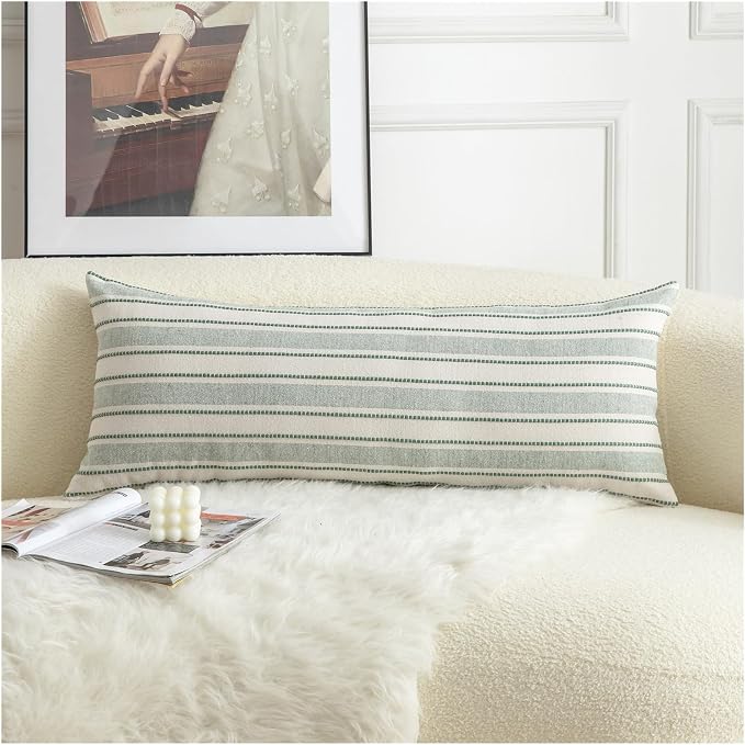 Cethom Decorative Boho Lumbar Pillow Covers, Modern Farmhouse Couch Pillowcase, 14 x 36 Long Accent Body Throw Pillow Covers, Sofa Bed Living Room Decor Cushion Case, Green and Beige, Pack of 1