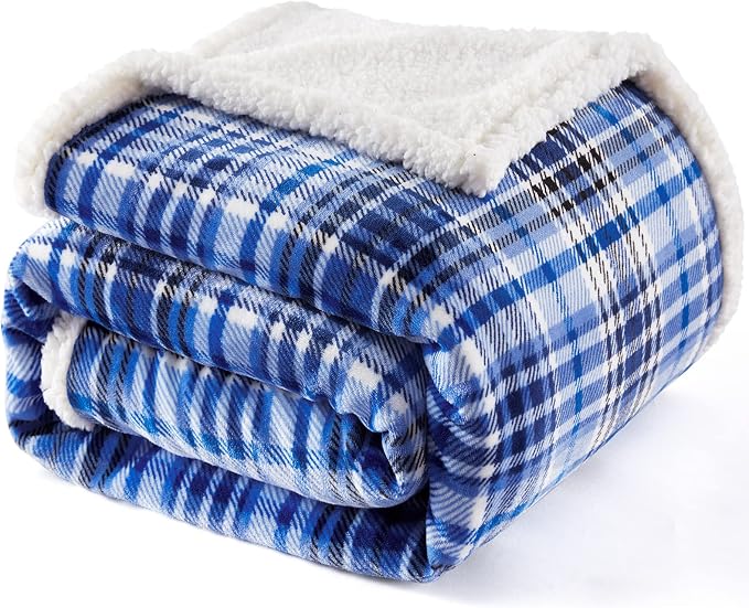 Sherpa Plaid Throw Blanket(60" X 70", Plaid Blue), Fuzzy Fluffy Cozy Soft Blanket, Fleece Flannel Plush Twin Size Microfiber Blanket for Couch Bed Sofa