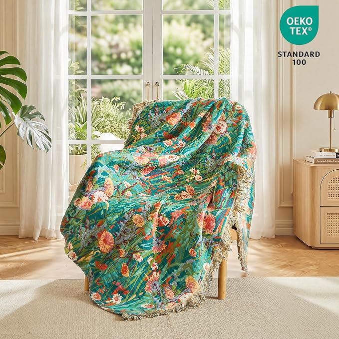 MSGKV Boho Throw Blanket 50"x60" 100% Cotton Floral Blanket for Couch Bed | Super Soft Muslin, Everyday Comfort, Lightweight, Farmhouse Decor, Breathable, All Seasons, Machine Washable, Cozy Comfort