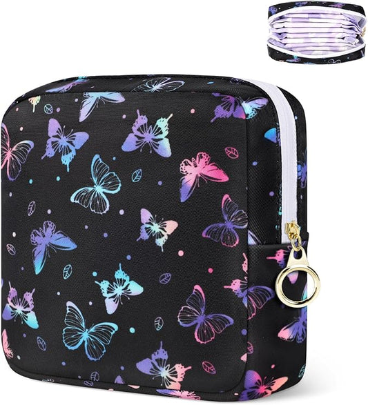 Likesing Period Bag Pouch, Canvas Sanitary Napkin Storage Bag for Girls Womens, Portable Sanitary Napkin Period Pad Pouch Bag for Purse, Small Make Up Bags(Black Butterfly)
