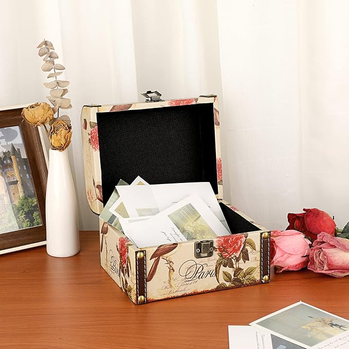 ELLDOO Decorative Treasure Chest Box, Wooden + PU Leather Storage Box for Jewelry Trinkets, Keepsakes box for Girls Women Gifts (Bird + Flower Pattern)