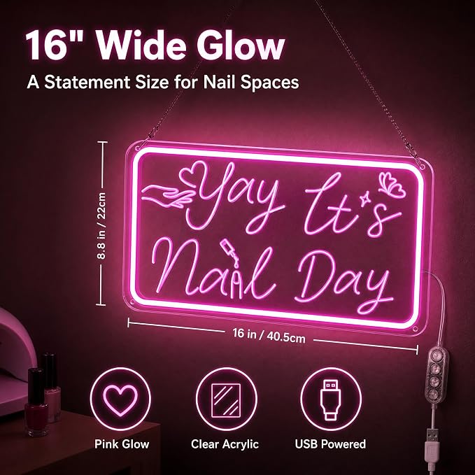 Pink Neon Sign, Yay It's Nail Day LED Neon Light Sign with Motion Sensor & 3-Key Dimmable Mode, USB Powered Neon Signs for Wall Decor, Nail Salon Decor, Nail Room Decor, Teen Girl Room Decor, Stylish Nail Tech Gifts for Women