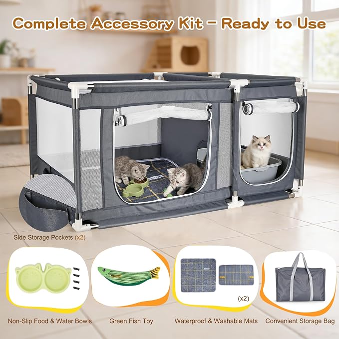 2-in-1 Cat Playpen 46x29.5x23in Enclosure with Litter Box Area