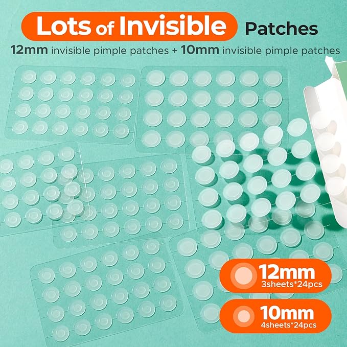 TKTK Pimple Patches for Face, 0.01cm Ultra-Thin Invisible Acne Patches, Hydrocolloid Patches for Breakouts, Absorbs Zits & Blemish, Suitable Under Makeup, 2 Sizes(10mm/12mm) 168 count