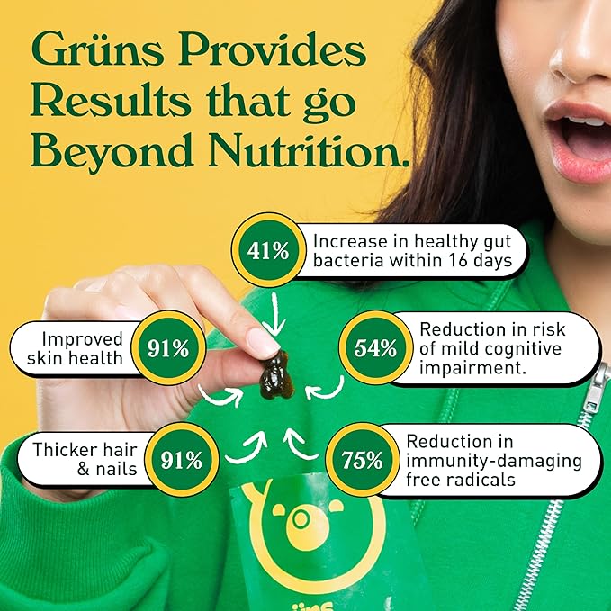 Gruns Sugar-Free Super Greens Gummies, Multivitamin Superfood Gummy Bears, Spirulina, Chlorella, Prebiotics & Fiber gummies for Digestive Health, Adaptogens Supplement, 20 Vitamins & Minerals, 10 pack