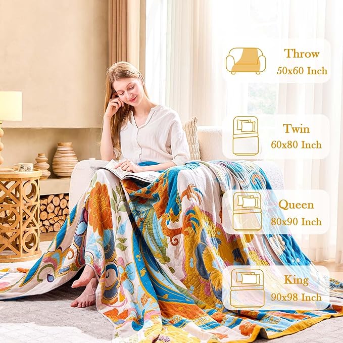 XIBLC Boho Throw Blanket, Lightweight Blankets for Summer, 100% Cotton Bohemian Decorative Throw Blanket, 50"x60" Reversible Muslin Breathable Woven Farmhouse Blankets Quilt,