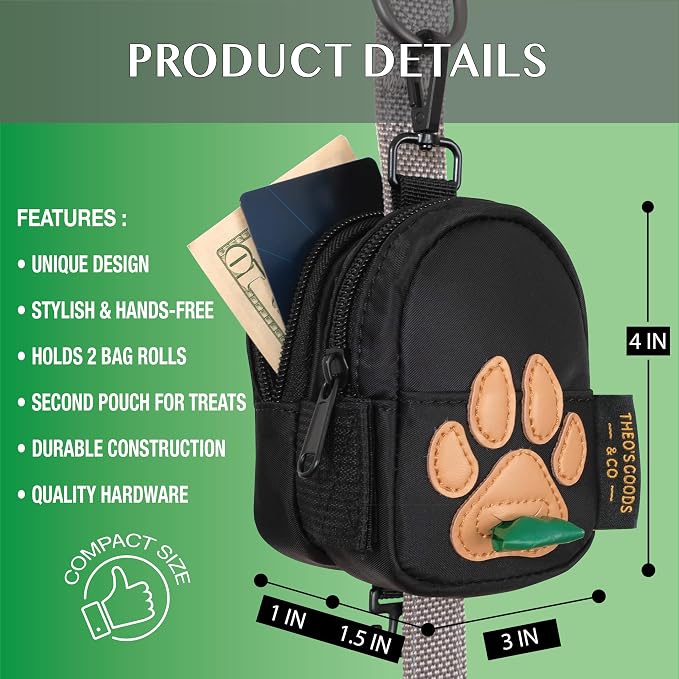 Dog Poop Bag Holder for Leash Dog Treat Pouch, Cute Premium Double Sided Bag Dispenser with Clip Attachment, Outdoor Training and Hiking, Hands Free for Dog Walking, THEO'S GOODS & CO.