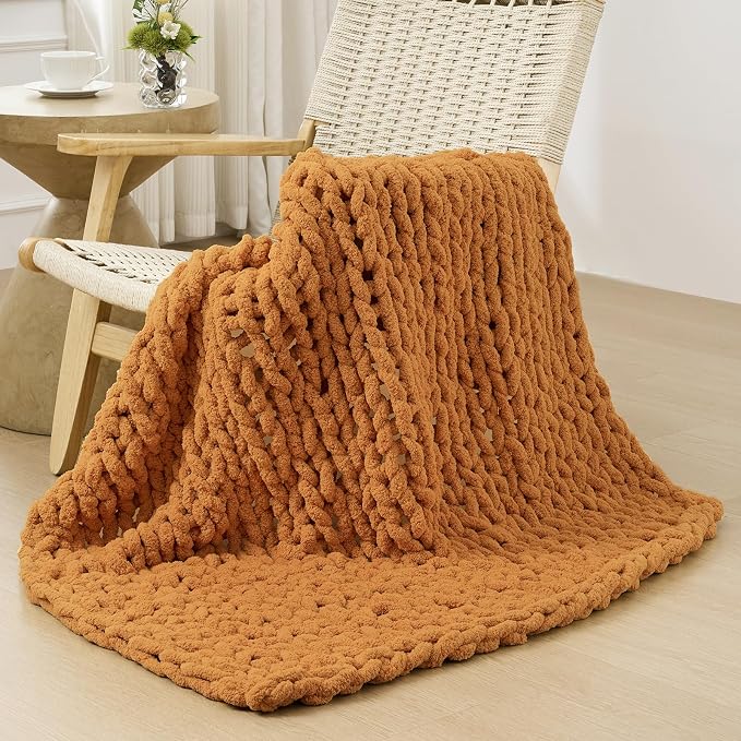 Bigacogo Chunky Knit Throw Blanket for Couch, 40x40 inches, Burnt Orange | Hand Knit with Jumbo Chenille, Soft Breathable Cable Knit for Sofa Bed Living Room, Machine Washable, Gift for Mom Friend