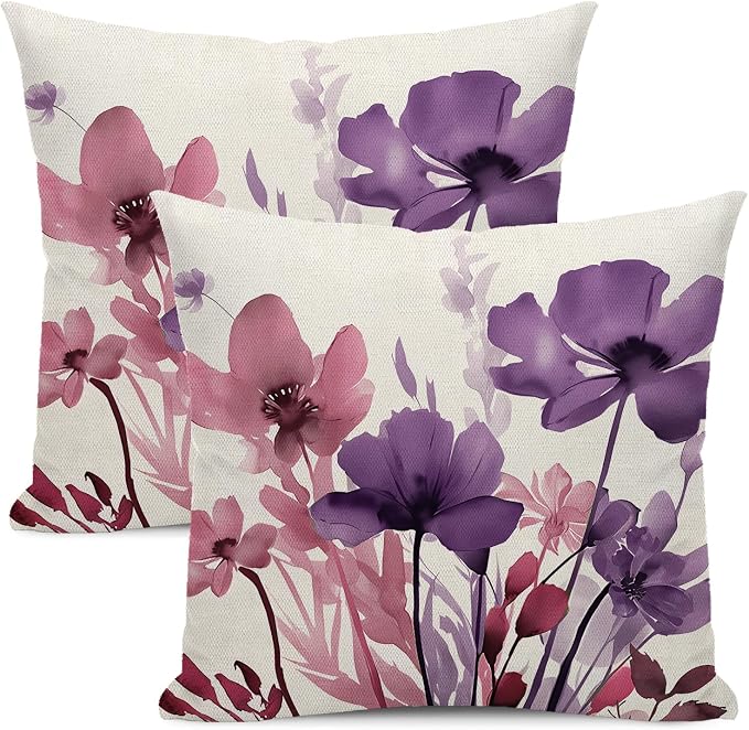 Floral Pillow Covers 18x18 Inches Set of 2 Pink Purple Floral Throw Pillow Covers Outdoor Rustic Spring Summer Flower Decoration Pillowcase Farmhouse Decorative Cushion Cover for Home Couch