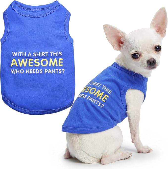 Parisian Pet Dog Tshirt - Embroidered “ Awesome “ Tank Top - Pure Cotton and Lightweight Dog Clothes - Blue Pet Vest - Sleeveless Tee Shirts for Small Dogs Boy