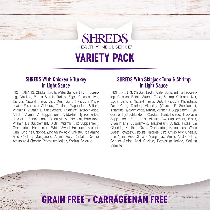 Wellness Healthy Indulgence Shreds Variety Pack Adult Wet Cat Food, Natural, Protein Rich, Grain Free, 2 Flavors, 3 oz, Pack of 8 Pouches