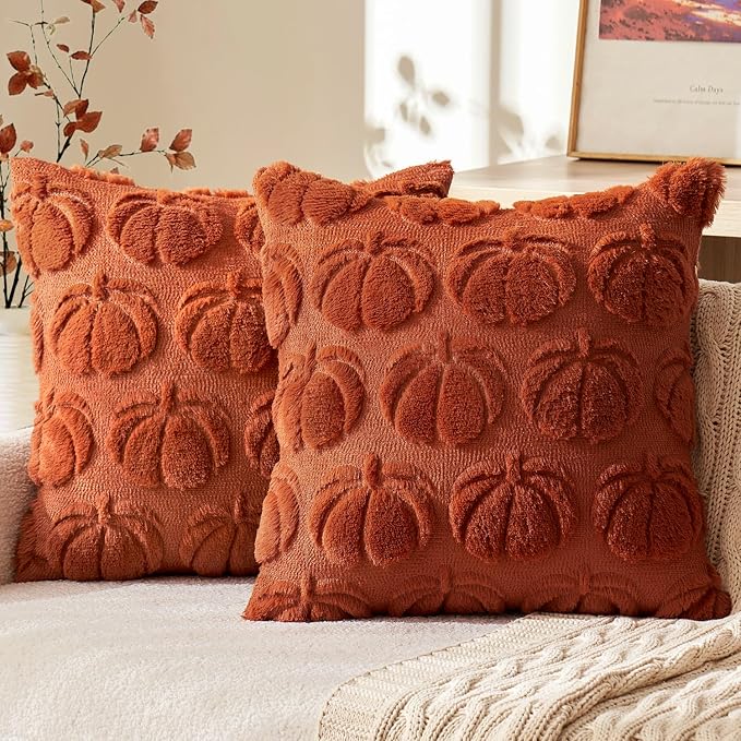 MIULEE Fall Pillow Covers Pumpkin Fall Decor 16x16 Rust | Set of 2 Fall Decorations for Home, Plush Faux Fur Farmhouse Accent Pillowcases, Porch Sofa Couch Cushion Bed Livingroom