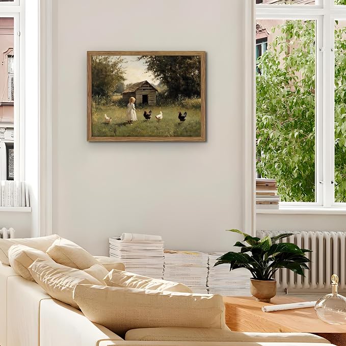 Vintage Country Framed Wall Art, Little Girl and Chick Canvas Prints, Rustic Landscape Picture Painting, Pastoral Farmhouse Wall Decor for Living Room Bedroom – Dark Wooden Frame 12x16in
