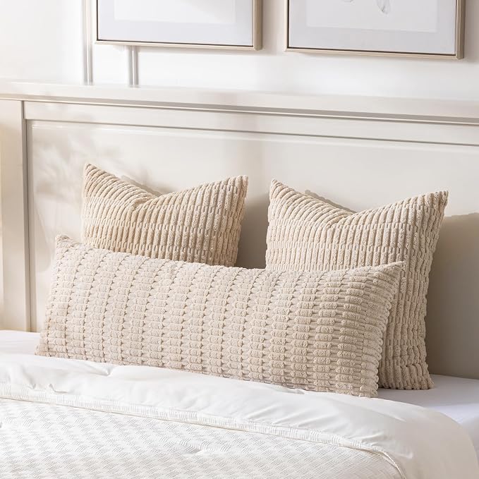 Fancy Homi Decorative Throw Pillow Covers for Bed Couch Bedroom Bench, Soft Corduroy Solid Pillow Case, Rustic Farmhouse Boho Room Decor,36" x 14" (Pack of 1),Tan