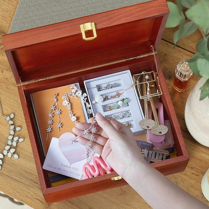 DRASTAR Wooden Keepsake Box, Large Storage Box with a Hinged Lid, Memory treasure box for Crafts and Photo Storage