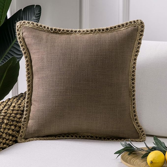 Phantoscope Farmhouse Decorative Throw Pillow Cover Burlap Linen Trimmed Tailored Edges Outdoor Pillow Coffee 20 x 20 inches, 50 x 50 cm
