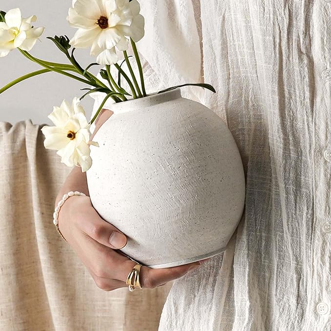 Small White Ceramic Vase - 6.3 Inch Rustic Farmhouse Flower Vase for Home Decor, Minimalist Vases for Living Room, Table, Bathroom, Holiday & Weddings (Sandstone White)