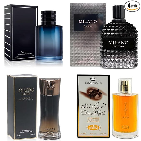 AFLUXE 4-Piece Cologne for Men Includes Choco Musk/SE/Amazing Code Gold/Milano Scent of Woody, Spicy, Citrus & Aromatic eau de parfum Men Gift Set Each 100Ml for Daily Use