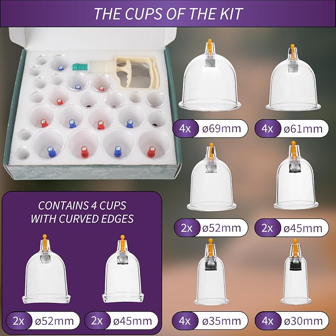 Uplife Cupping Kit for Massage Therapy, 24 Cups Professional Therapy Set with Gua Sha Stone for Muscle Pain Relief & Cellulite Reduction, Vacuum Cupping Set with Manual Pump for Home & Spa