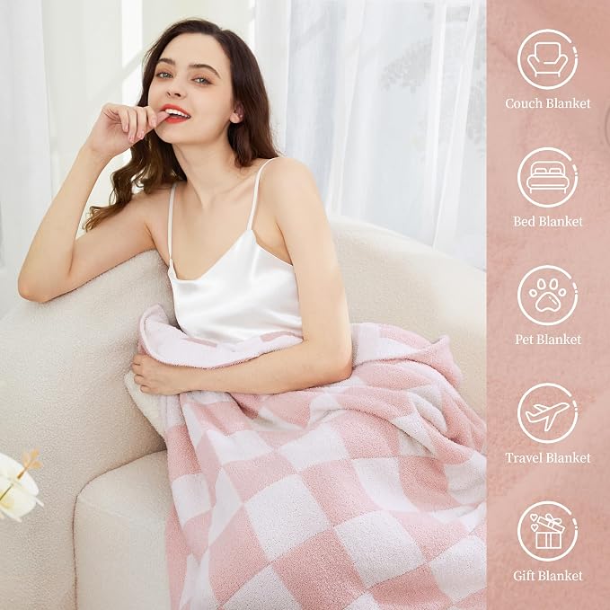 SeaRoomy Fuzzy Checkered Throw Blanket for Bed Decor,Light Pink 90"X90" | Warm,Cozy,Fluffy,Lightweight,Gift for Women Couch Sofa Bed Room Decor