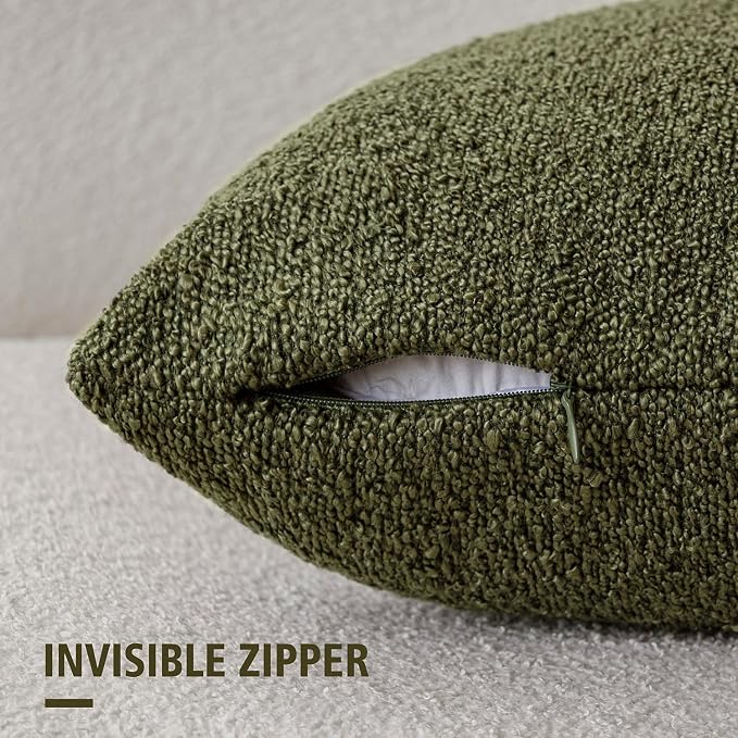 Foindtower Set of 2, Decorative Textured Boucle Throw Pillow Covers Accent Solid Pillow Cases Neutral Soft Cozy Couch Cushion Case for Chair Sofa Bedroom Living Room Home Decor 24x24 Inch Moss Green