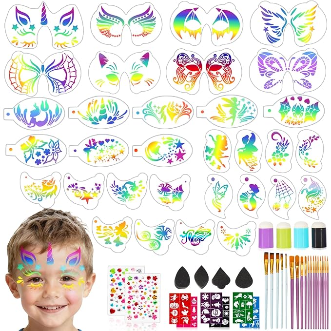 63Pcs Face Painting Brushes and Stencils Kit with 32 Reusable Facial Painting Stencils 9 Sheets Stickers 15 Brushes 2 Adhesive Gems 4 Fingertip Sponges, 4 Makeup Sponges For Festival Party Makeup