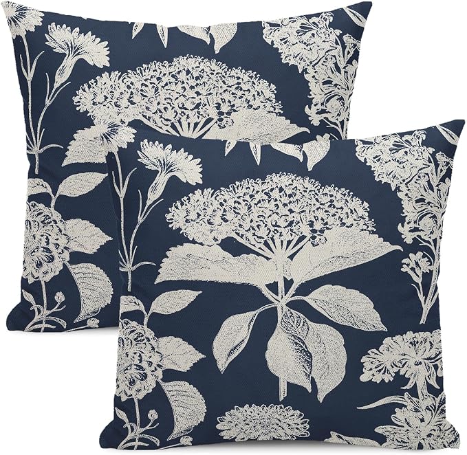 Floral Pillow Covers 18x18 Set of 2 Blue Beige Hydrangea Herbs Botanical Throw Pillow Covers Outdoor Decor Vintage Boho Flower Pillowcase Farmhouse Decorative Linen Cushion Case for Couch Sofa