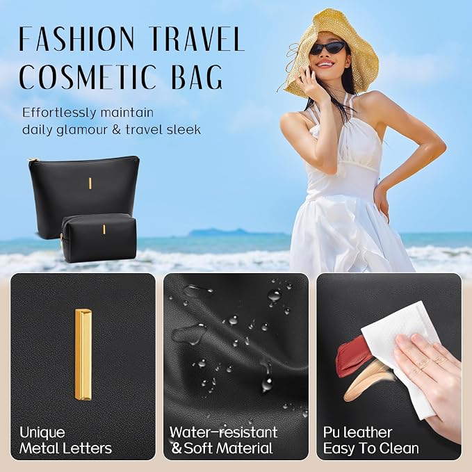 Women Gifts | Initial Makeup Bag for Girl Personalized Gifts for Bridesmaid Friend PU Leather Cosmetic Travel Toiletry Bag(Black,I)