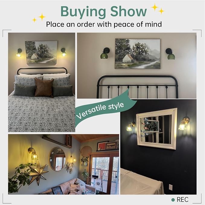 Shenmoyl Vintage Wall Sconce with Green Tulip Glass Lampshade 180 Degree Adjustable Black Sconce Hradwired Modern Wall Lighting Fixture with Switch for Bedside Bedroom Doorway