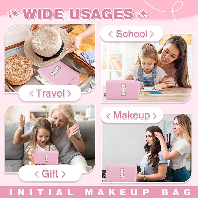Small Personalized Initial A-Z Patch Makeup Bag,Pink Cute PU Leather Glitter Letter Cosmetic Bag for Teen Girls,Travel Toiletry Bag with Zipper,Preppy Monogrammed Birthday Gift for Daughter Niece I