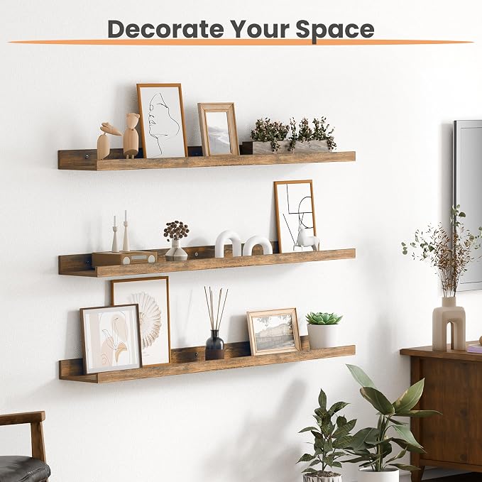 upsimples Floating Shelves for Wall Decor and Storage, Brown, 6Pcs 35.5'' | Wall Mounted Wood Shelves for Living Room, Bedroom, Kitchen, Office, Nursery Room, Coffee Bar Display and Organize