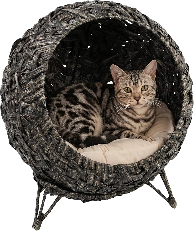 PawHut Rattan Cat Bed Elevated Handwoven Cat Basket Bed for Kittens Gray | Soft Cushion, Metal Base, Indoor Kitty Furniture, Breathable