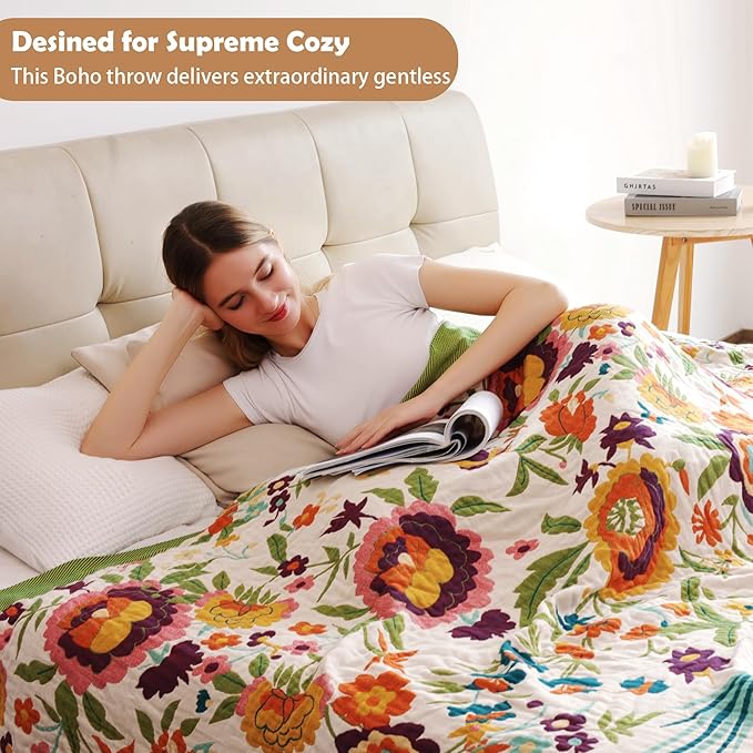 VANJOROY Boho Throw Blanket, 100% Organic Cotton Breathable Ultra Soft 80" x 90" Bed Quilt Throw - All Season Floral Rustic Farmhouse Decor Luxury Reversible Blanket for Sofa Couch Chair and Gift