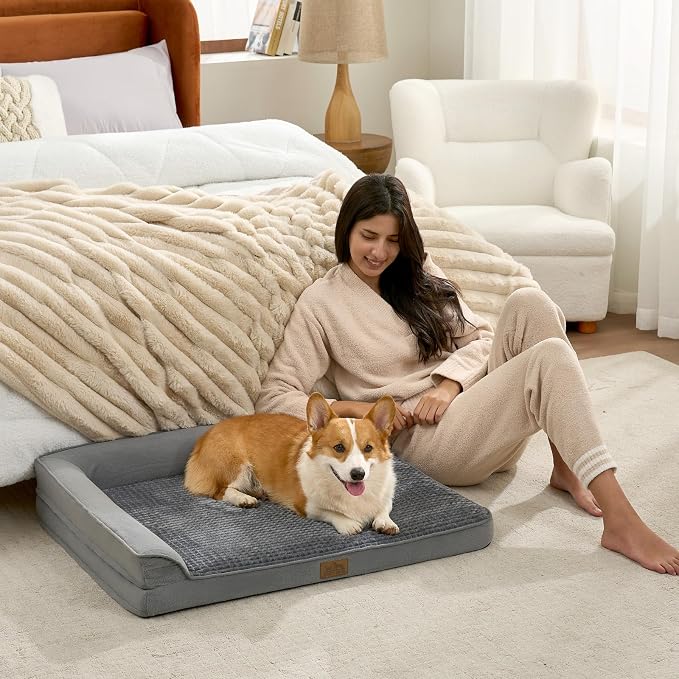 COZY KISS Orthopedic Dog Bed for Large Sized Dogs, L Shaped 36x27 inch | Non-Slip Bottom Soft Pet Sofa with Washable Removable Waterproof Cover, Egg-Crate Foam Couch with Portable Handle, Grey
