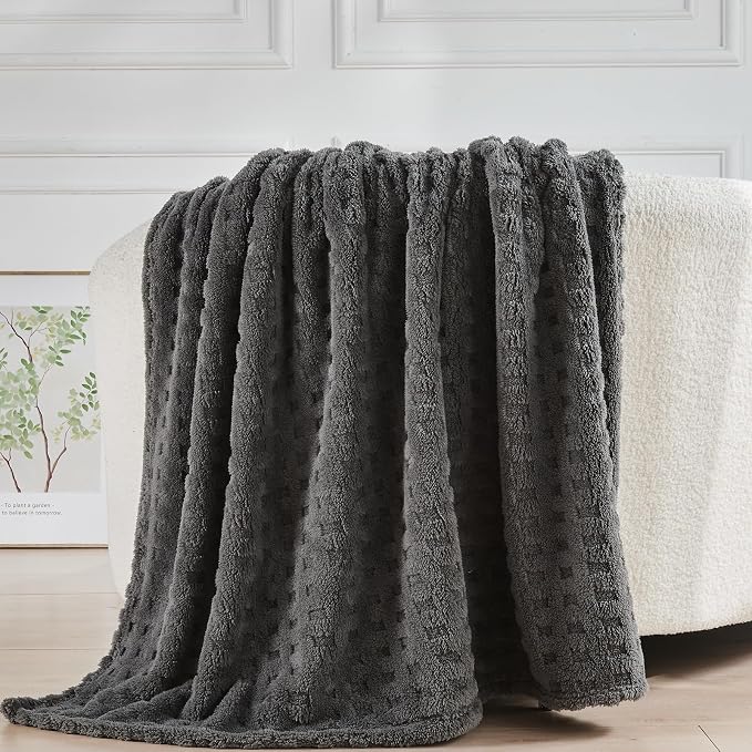NEWCOSPLAY 3D Waffle Checkered Flannel Queen Blanket, Dark Grey, 90"x90" | Super Soft Cute Lightweight Decorative Premium Silky Fleece Blanket for Couch Sofa Bed, Gift for Women Men, All Season Use