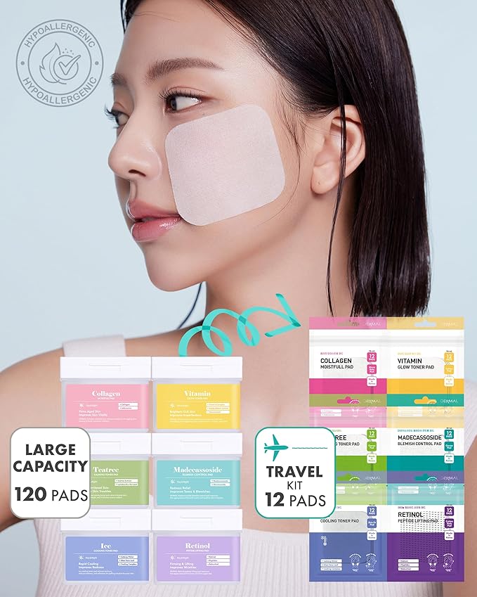 DERMAL 6 Types Toner Pad Trial Kit Portable Travel Combo Set - Ice Cooling, Collagen, Retinol, Madecassoside, Tea Tree, Vitamin Korean Face Toner Pads, 12 Pads x 6 Pack