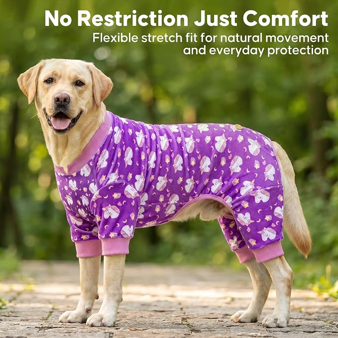 KYEESE Velvet Dog Pajamas for Medium Large Dogs Soft Onesie, Unicorn Purple | 4-Way Stretch, Lightweight & Breathable, Reduces Shedding, Gentle on Sensitive Skin, Recovery Support, Easy Potty Breaks