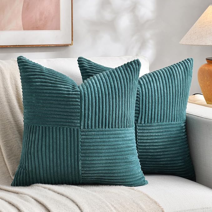 Fancy Homi Teal Decorative Throw Pillow Covers 18x18 Inch for Living Room Couch Bed Sofa, Rustic Farmhouse Boho Home Decor, Soft Corss Corduroy Patchwork Textured Square Cushion Case 45x45 cm