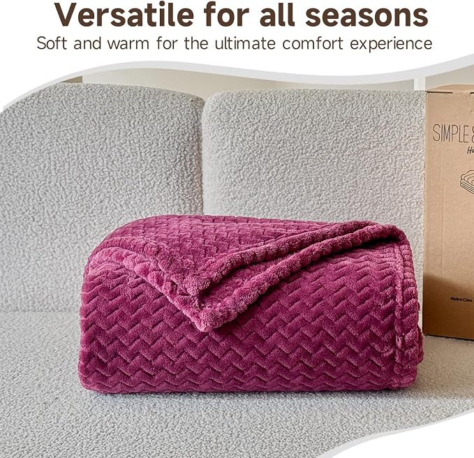 Simple&Opulence Wine Fleece Throw Blanket Lightweight Super Soft Cozy Flannel Blanket with Wave Textured for Sofa Couch Bedroom Decor Camping 50x60 Inches All Season Use（Wave Wine