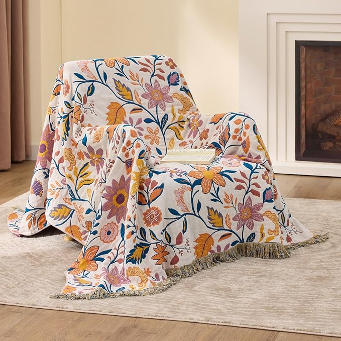 100% Cotton Boho Throw Blanket for Home Decor – Classic Farmhouse Quilt Bedding, Muslin Blankets for Adults, Vintage Woven Decorative Blanket for Couch, Bed Layering Use, Botanic Floral, 60"x80"