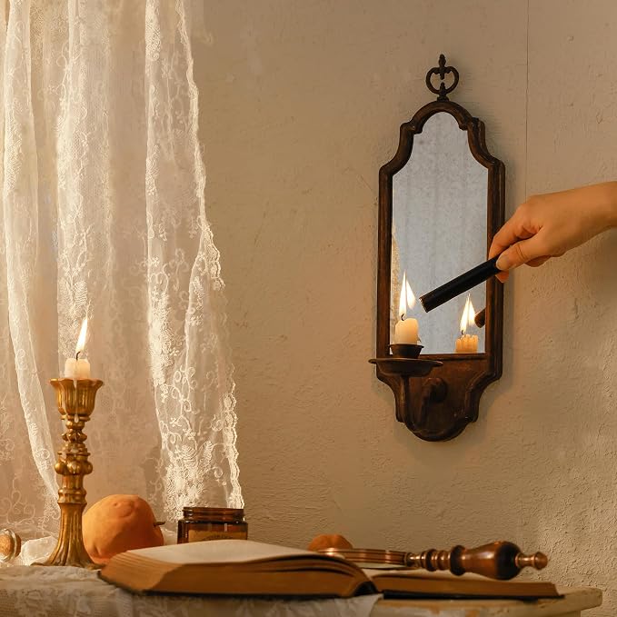 SOFFEE DESIGN Mirrored Wall Candle Holder - Antique Copper Sconce for Taper Candles, Elegant Hanging Decor