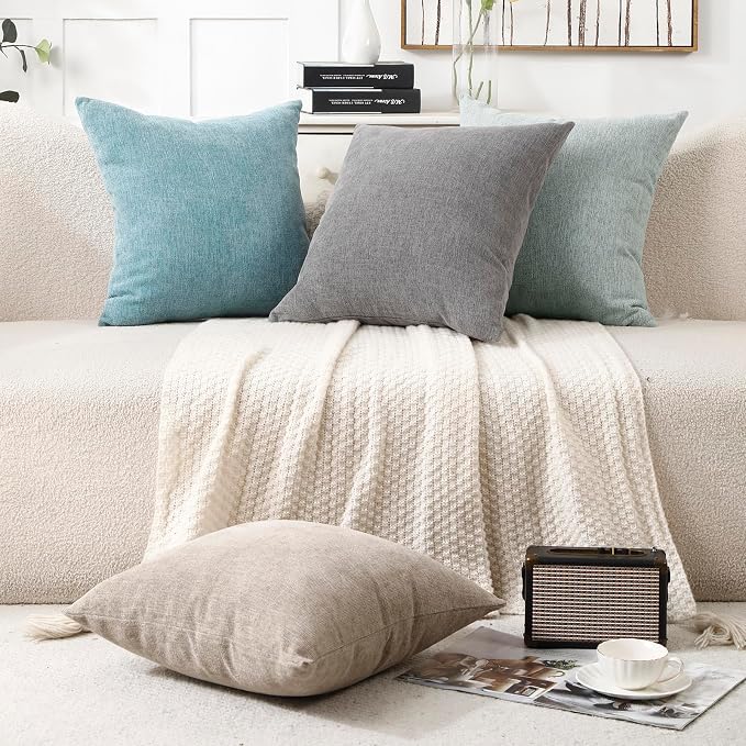 Decorative Chenille Throw Pillow Covers 26x26 Euro Shams Turquoise | Pack of 2 Square Soft Cozy Concise Modern Farmhouse Fall Cushion Cases for Sofa Couch Bed Living Room Home Decor