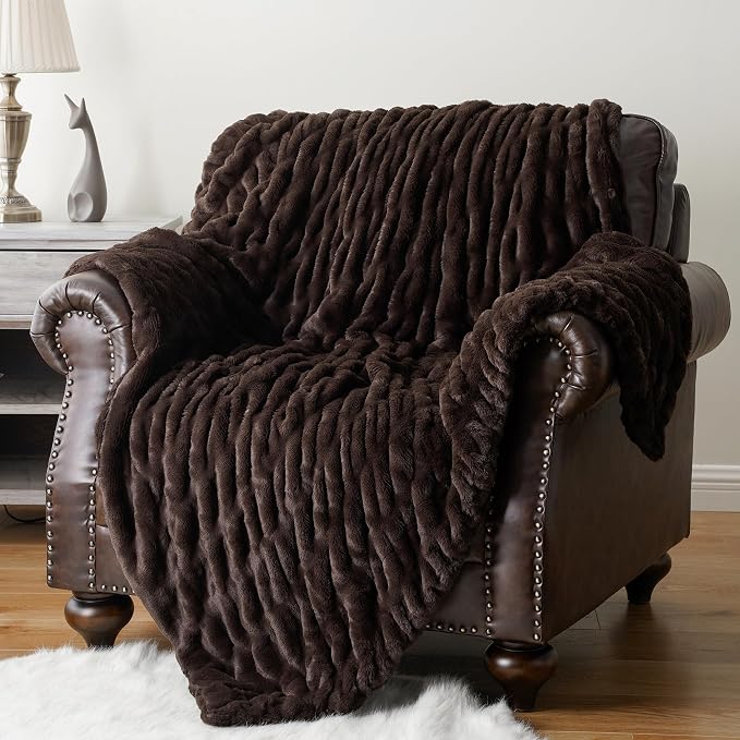 BATTILO Dark Brown Faux Fur Throw Blanket for Bed, Double Side, 60"x80" | Brown Throw Blanket Soft Cozy Warm Minky Blanket, Double Side Reversible Ruched Rabbit Fur Blanket for Living Room