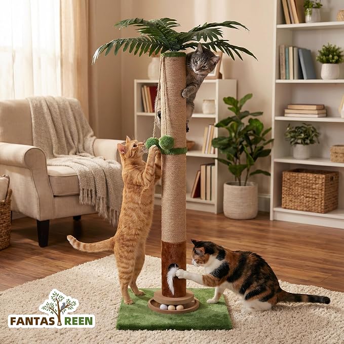 Fantasreen Cat Scratching Post 35'' Tall with Toy Mouse for Indoor Cats, Green