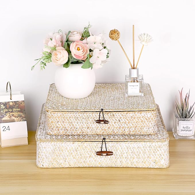 Hipiwe Set of 2 Flat Woven Wicker Basket Bins with Lid Natural Seagrass Box | Decorative Storage Basket Multipurpose Home Organizer Bins Boxes for Shelf Organizer (Whitewash)