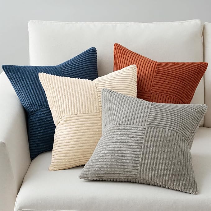 MIULEE Blue Rust Throw Pillow Covers 18x18 Inch Set of 4 Boho Farmhouse Cushion Cases Soft Corduroy Nordic Corduroy Pillow Cases Patchwork Home Decor for Couch Sofa Bedroom