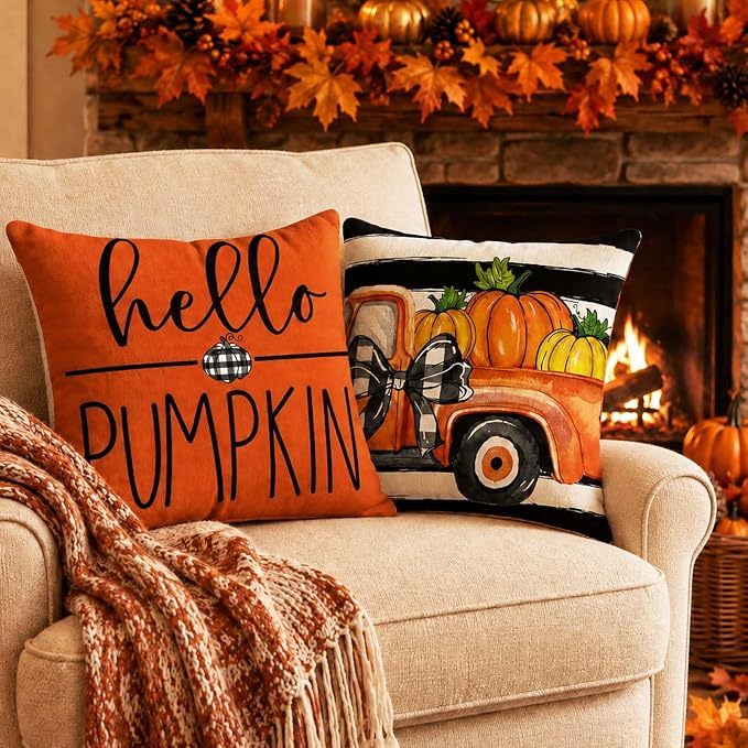 Fall Throw Pillow Covers for Home Strip Pumpkin Pillowcase 18x18 Set of 4 | Hello Pumpkin, Fall Harvest, Vintage Orange Truck, Sofa Covered Patio Farmhouse Thanksgiving Decor Cushion Case