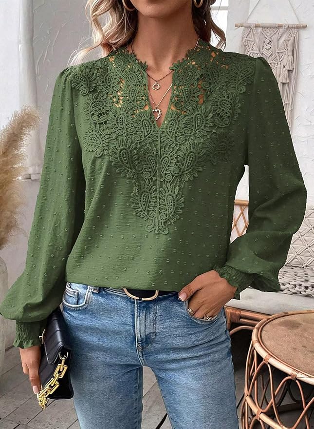Womens Tops Swiss Dot Boho Long Sleeve Shirts V Neck Casual Chiffon Blouses Flowy Lace Hem Cute Clothing Trendy 2026