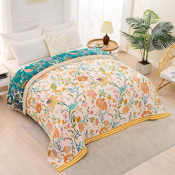 XIBLC Boho Throw Blanket for Bed, 100% Cotton Soft Rustic Quilt Fall Blanket, 90"x98" Floral Printed Farmhouse Decor Bed Blankets, All Season Rustic Reversible Bohemian Throw Quilt