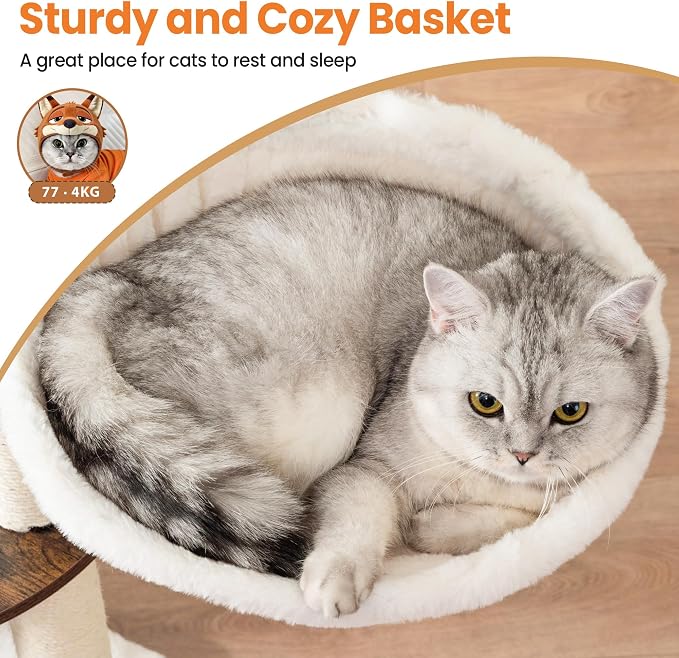 44.8in Modern Wood Cat Tree Tower for Indoor Large Cats with Perch | Multi-level Big Platforms, Sisal Scratching Posts, Cozy Hammock, Washable Pads, Ideal for Windows and Corners, Greige